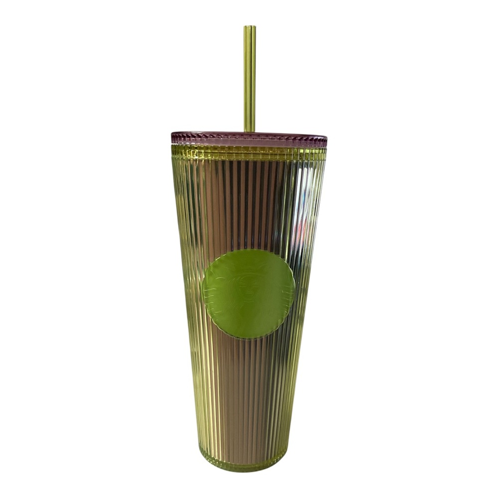 Starbucks 2025 Neon Transparent Lime Lilac Pleated Striped Venti Tumbler 24oz